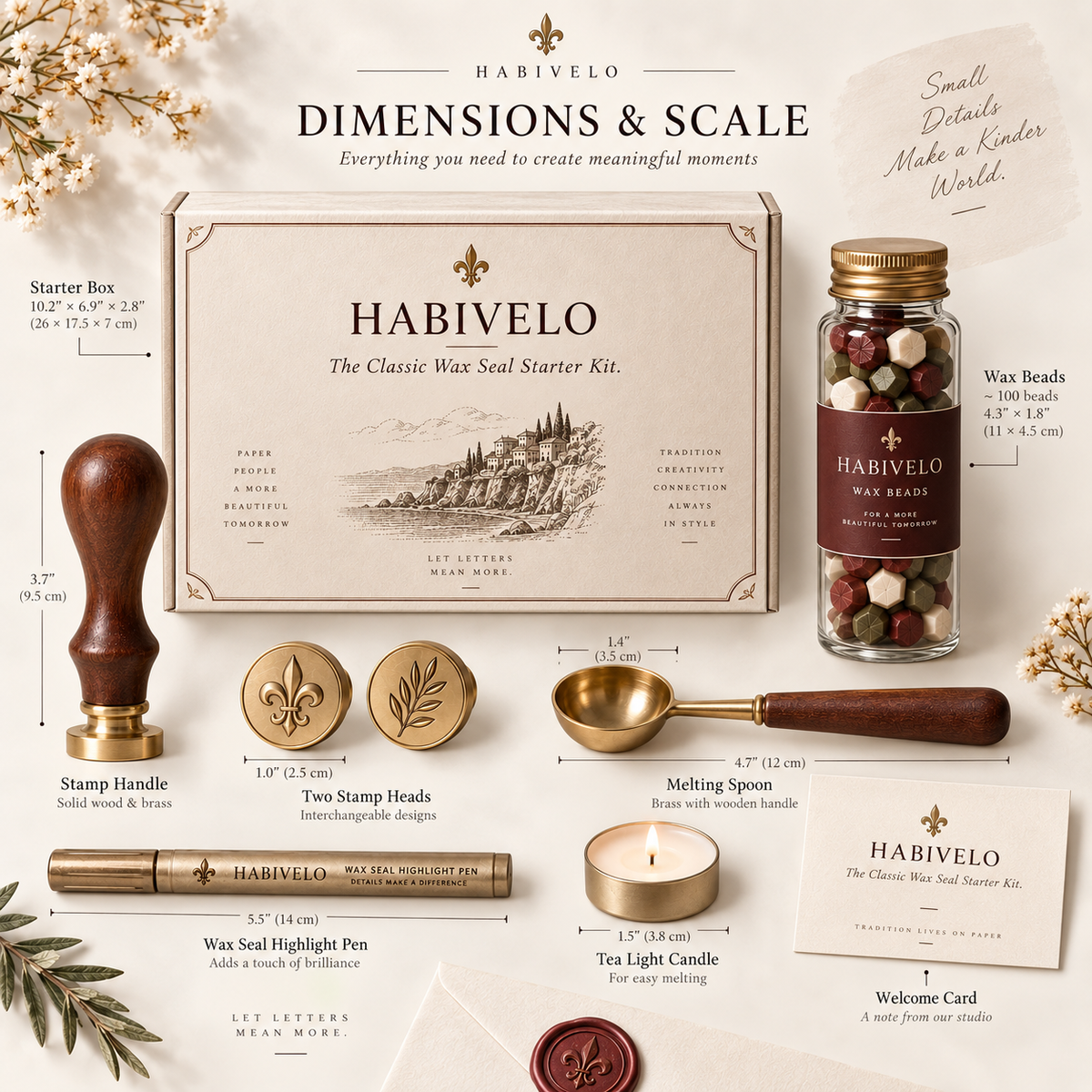 HABIVELO Classic Wax Seal Starter Kit – Brass Stamp, Wax Beads & Melting Spoon