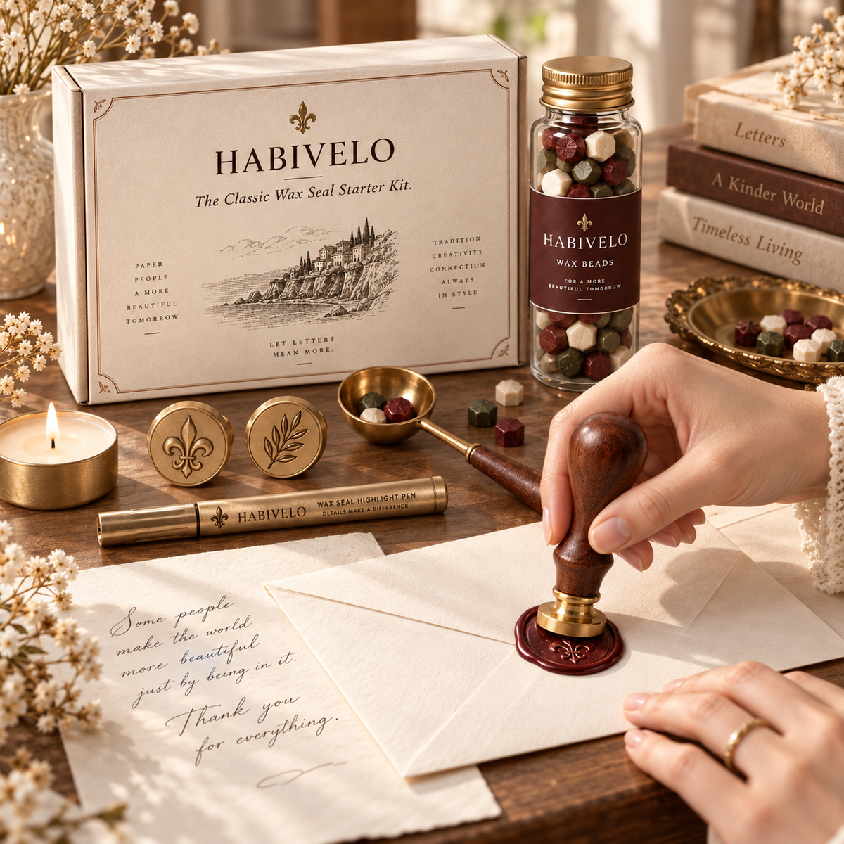 HABIVELO Classic Wax Seal Starter Kit – Brass Stamp, Wax Beads & Melting Spoon