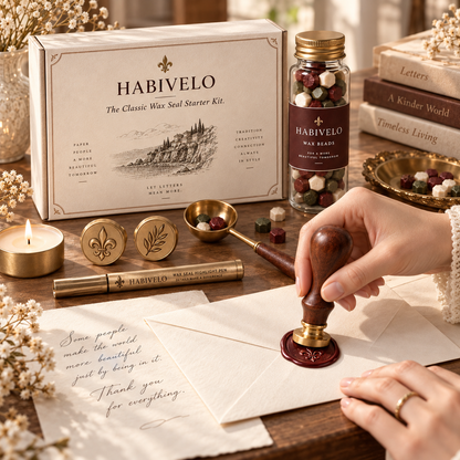 HABIVELO Classic Wax Seal Starter Kit – Brass Stamp, Wax Beads & Melting Spoon