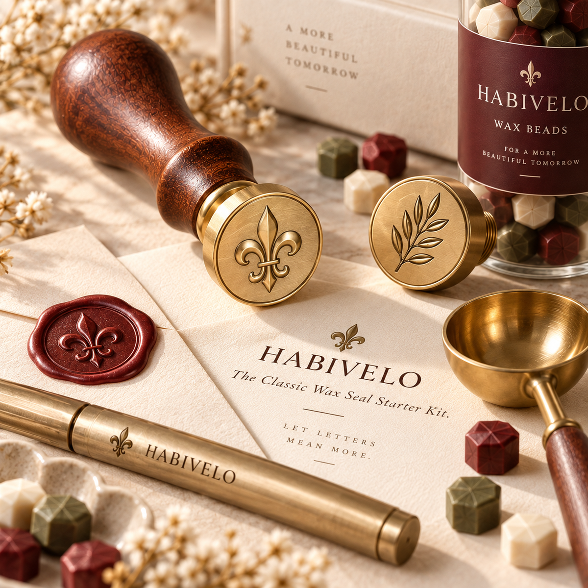 HABIVELO Classic Wax Seal Starter Kit – Brass Stamp, Wax Beads & Melting Spoon
