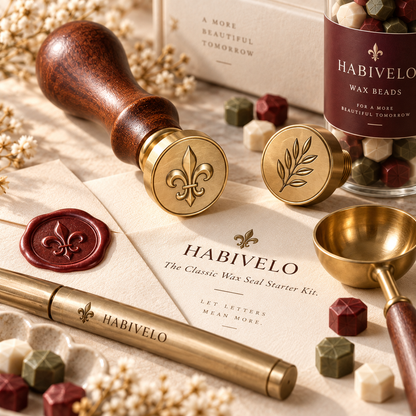 HABIVELO Classic Wax Seal Starter Kit – Brass Stamp, Wax Beads & Melting Spoon