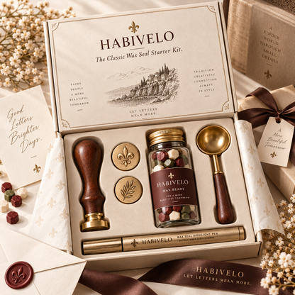 HABIVELO Classic Wax Seal Starter Kit – Brass Stamp, Wax Beads & Melting Spoon