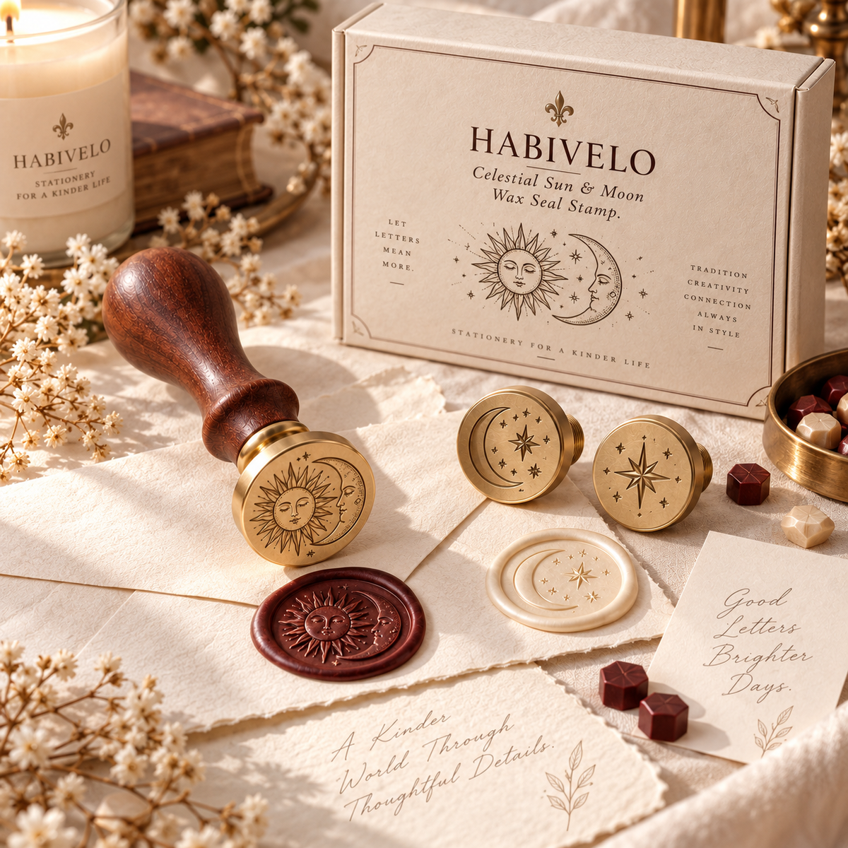 HABIVELO Celestial Sun & Moon Wax Seal Stamp – Brass Sealing Stamp