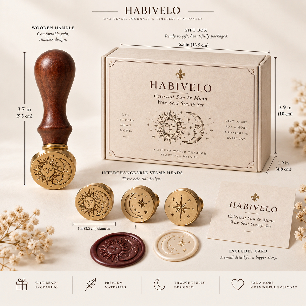 HABIVELO Celestial Sun & Moon Wax Seal Stamp – Brass Sealing Stamp