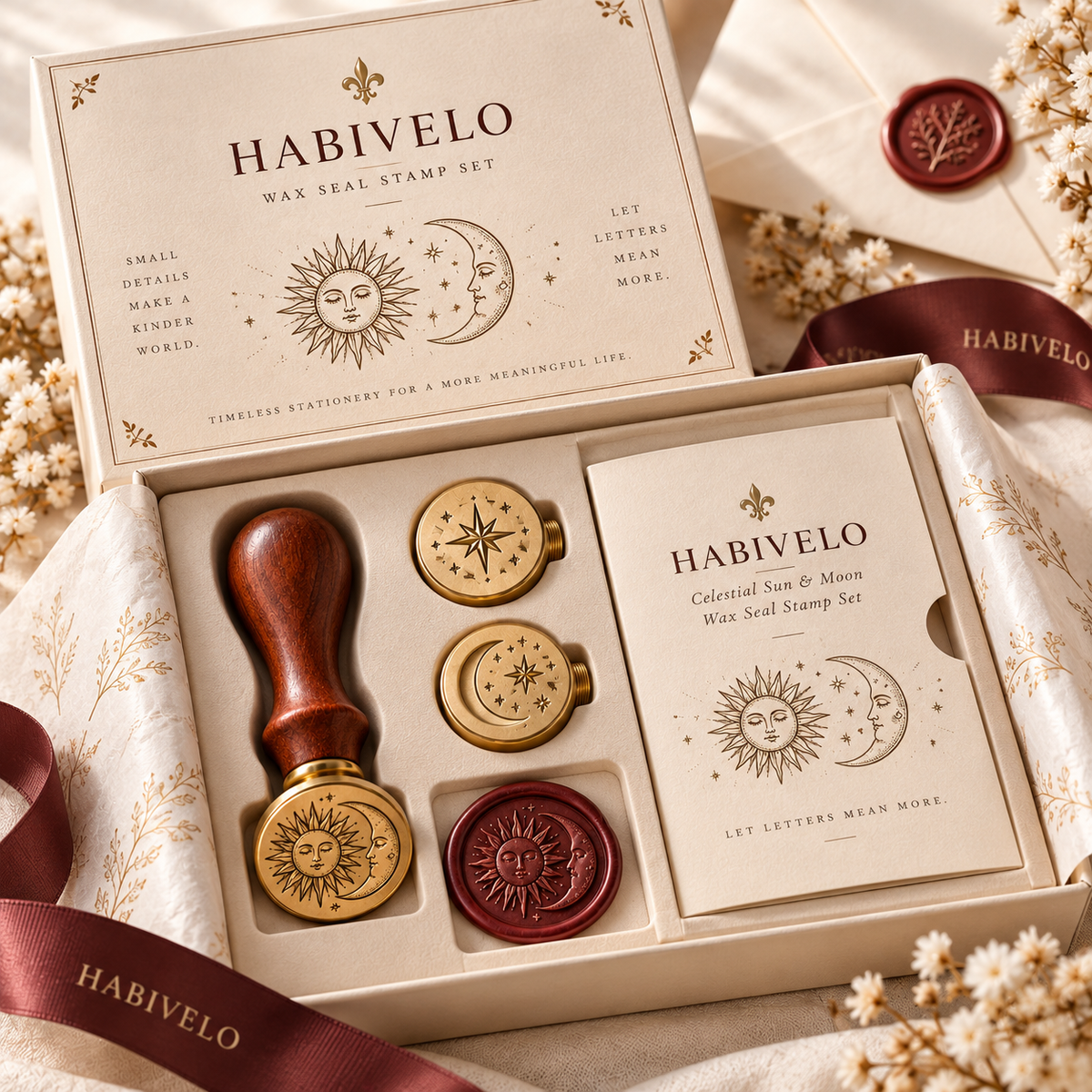 HABIVELO Celestial Sun & Moon Wax Seal Stamp – Brass Sealing Stamp