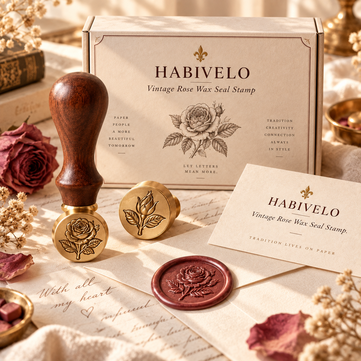HABIVELO Vintage Rose Wax Seal Stamp – Botanical Brass Stamp