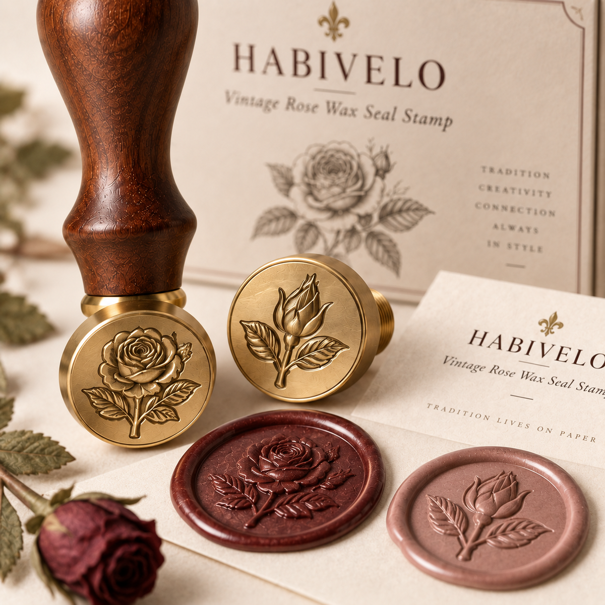 HABIVELO Vintage Rose Wax Seal Stamp – Botanical Brass Stamp