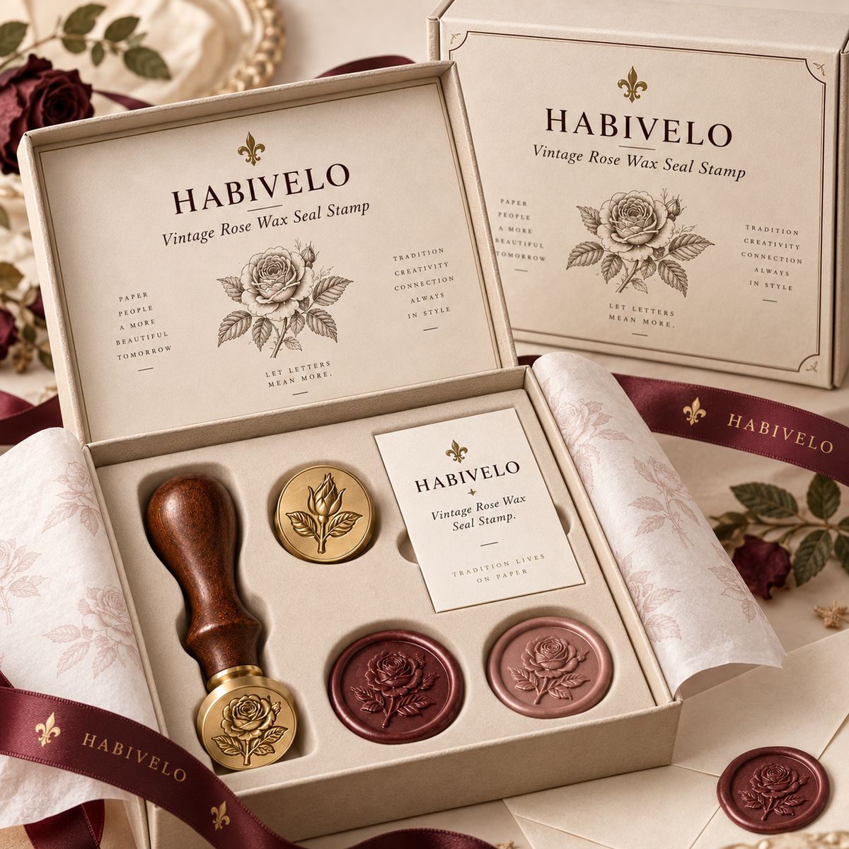 HABIVELO Vintage Rose Wax Seal Stamp – Botanical Brass Stamp