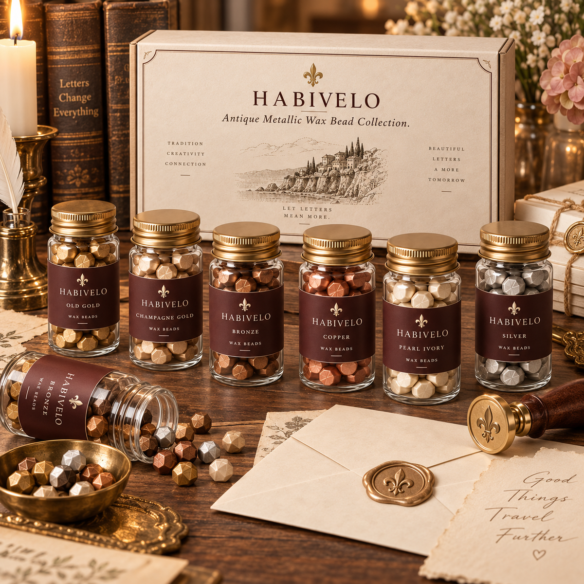 HABIVELO Antique Metallic Sealing Wax Beads – Gold, Bronze & Pearl Collection