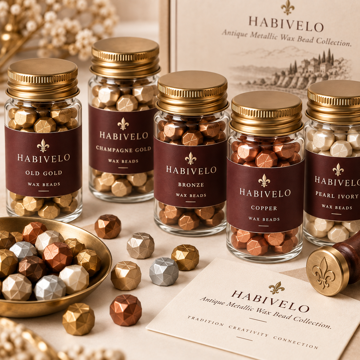 HABIVELO Antique Metallic Sealing Wax Beads – Gold, Bronze & Pearl Collection