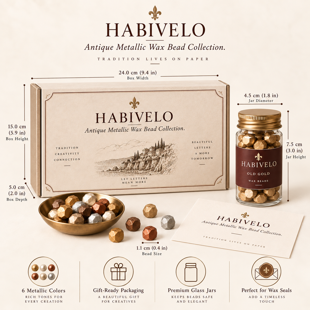 HABIVELO Antique Metallic Sealing Wax Beads – Gold, Bronze & Pearl Collection