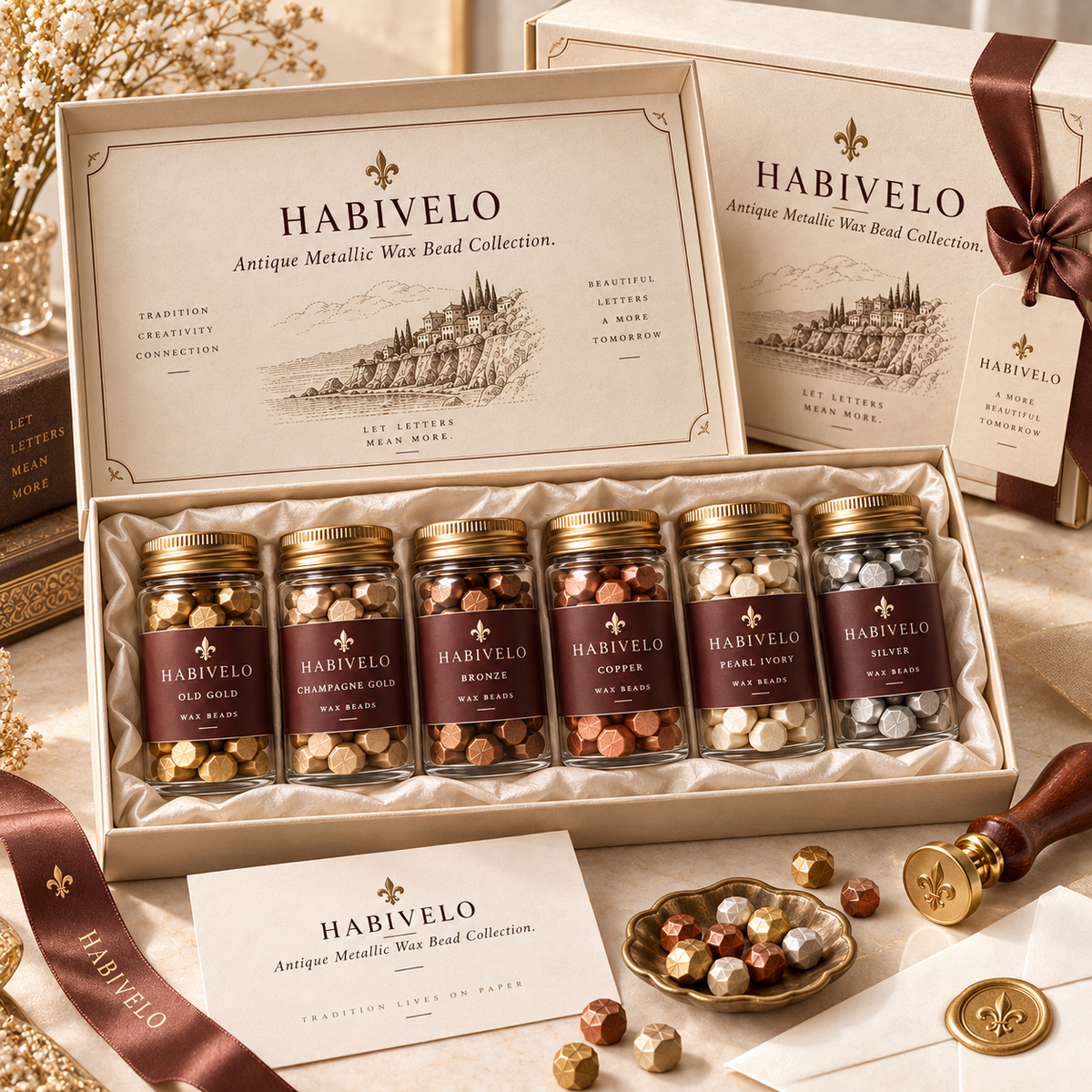 HABIVELO Antique Metallic Sealing Wax Beads – Gold, Bronze & Pearl Collection