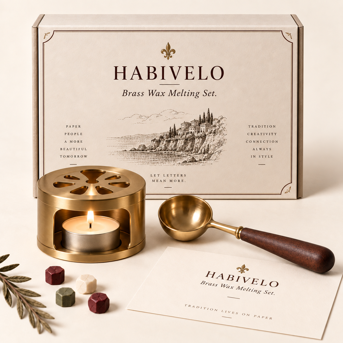 HABIVELO Brass Wax Melting Set – Wax Warmer, Spoon & Candle Holder