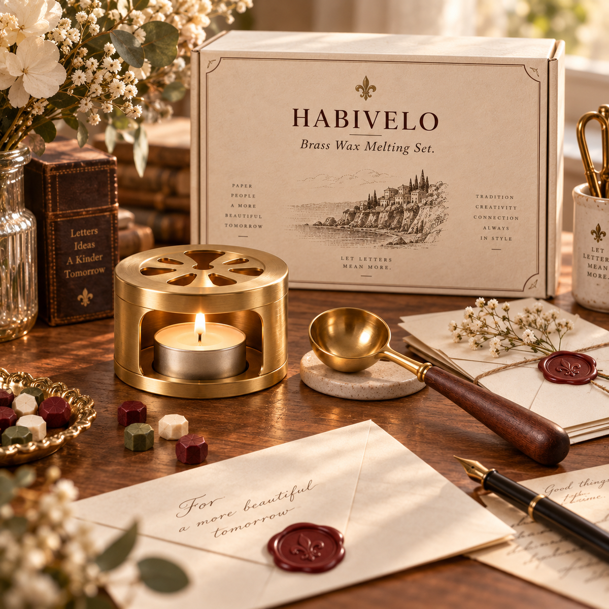 HABIVELO Brass Wax Melting Set – Wax Warmer, Spoon & Candle Holder