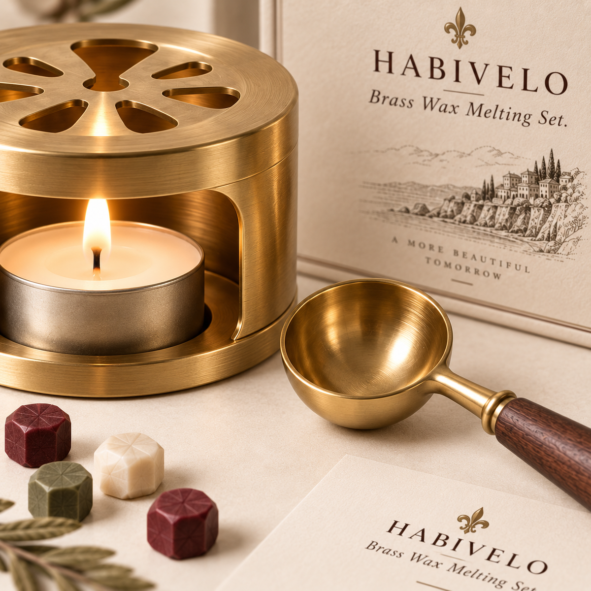 HABIVELO Brass Wax Melting Set – Wax Warmer, Spoon & Candle Holder