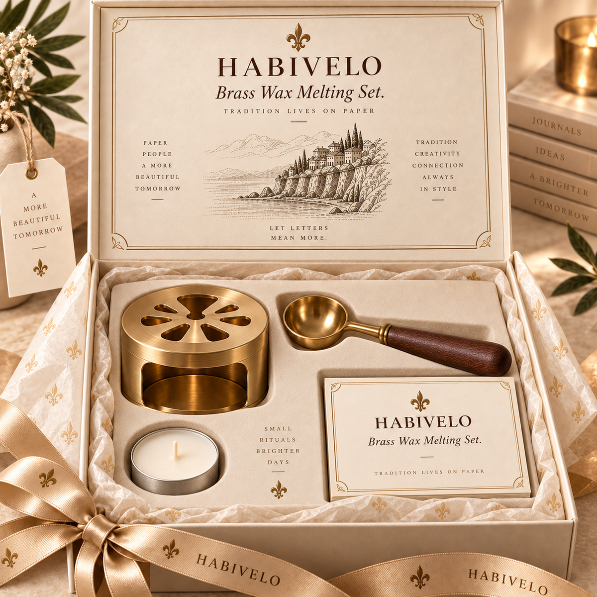 HABIVELO Brass Wax Melting Set – Wax Warmer, Spoon & Candle Holder
